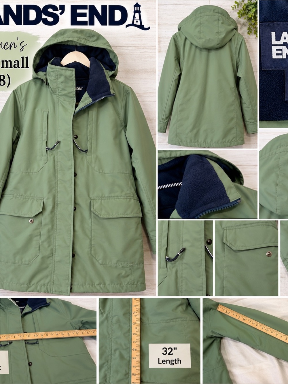 Lands’ End Women’s Small 6-8 Sage Green Hooded Fleece Lined Utility Coat